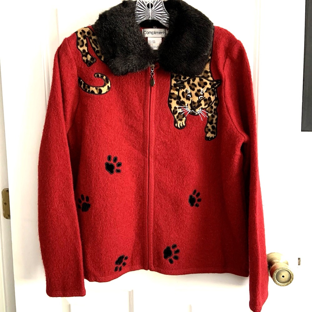 VTG Compliments Red Boiled Wool Jacket Leopard Cat on shoulders fur  collar sz S